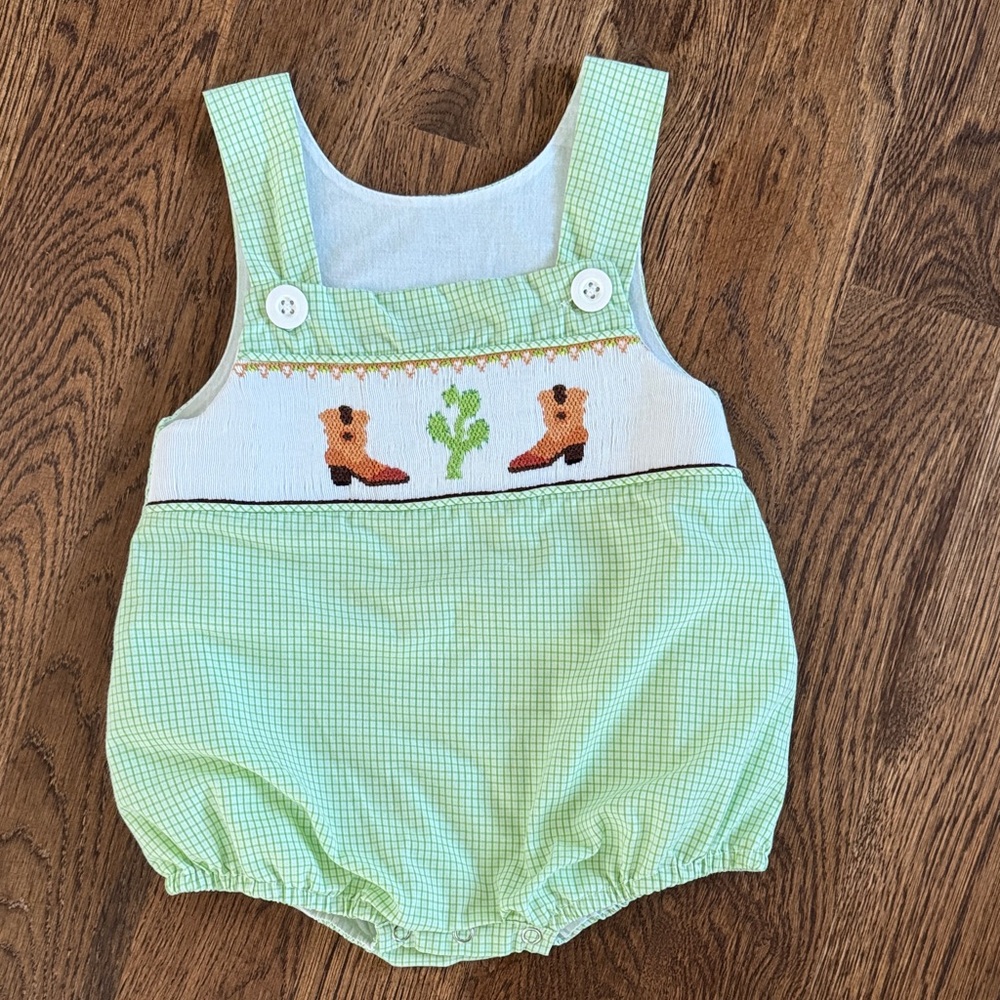 Green Gingham Smocked Baby Bubble Romper with Embroidered Cowboy Boots